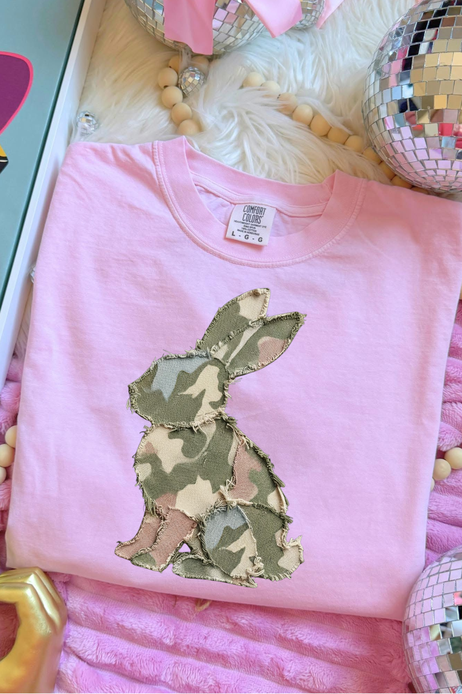 Faux Quilted Camo Bunny Tee: Blossom