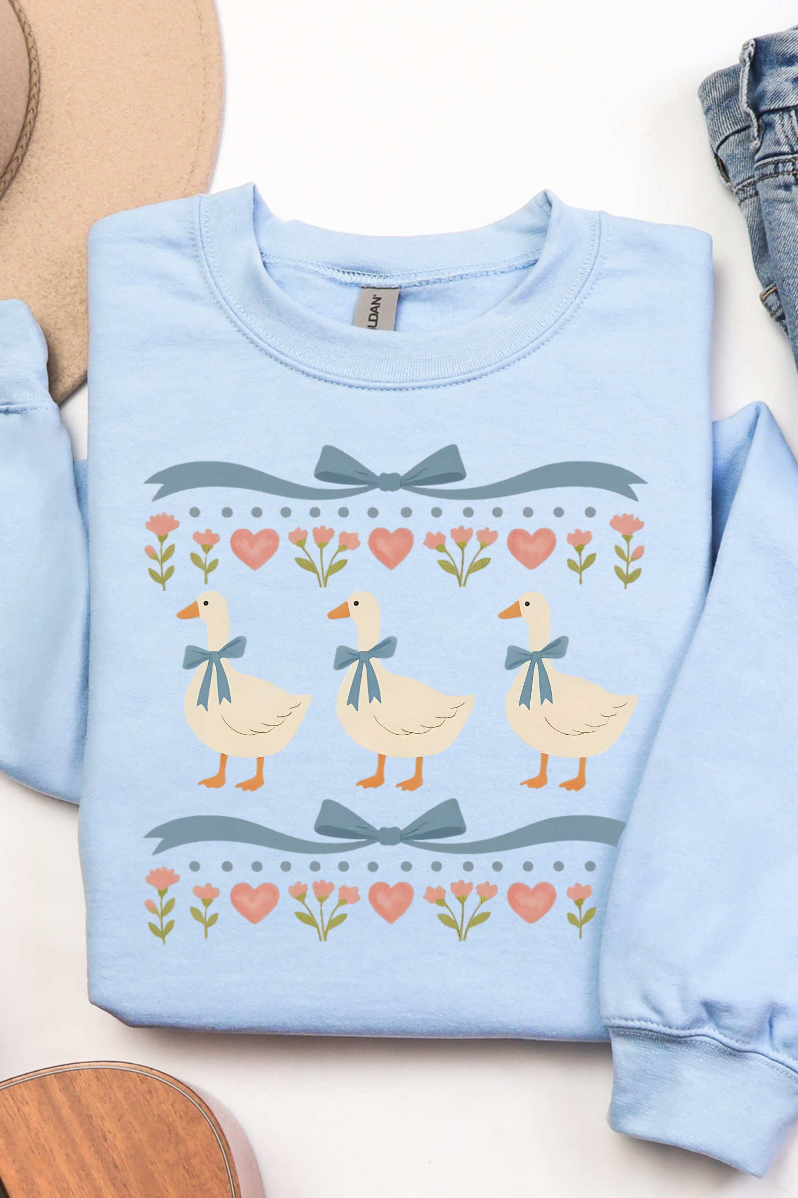 Ribbon Geese Crewneck Sweatshirt: Light Blue