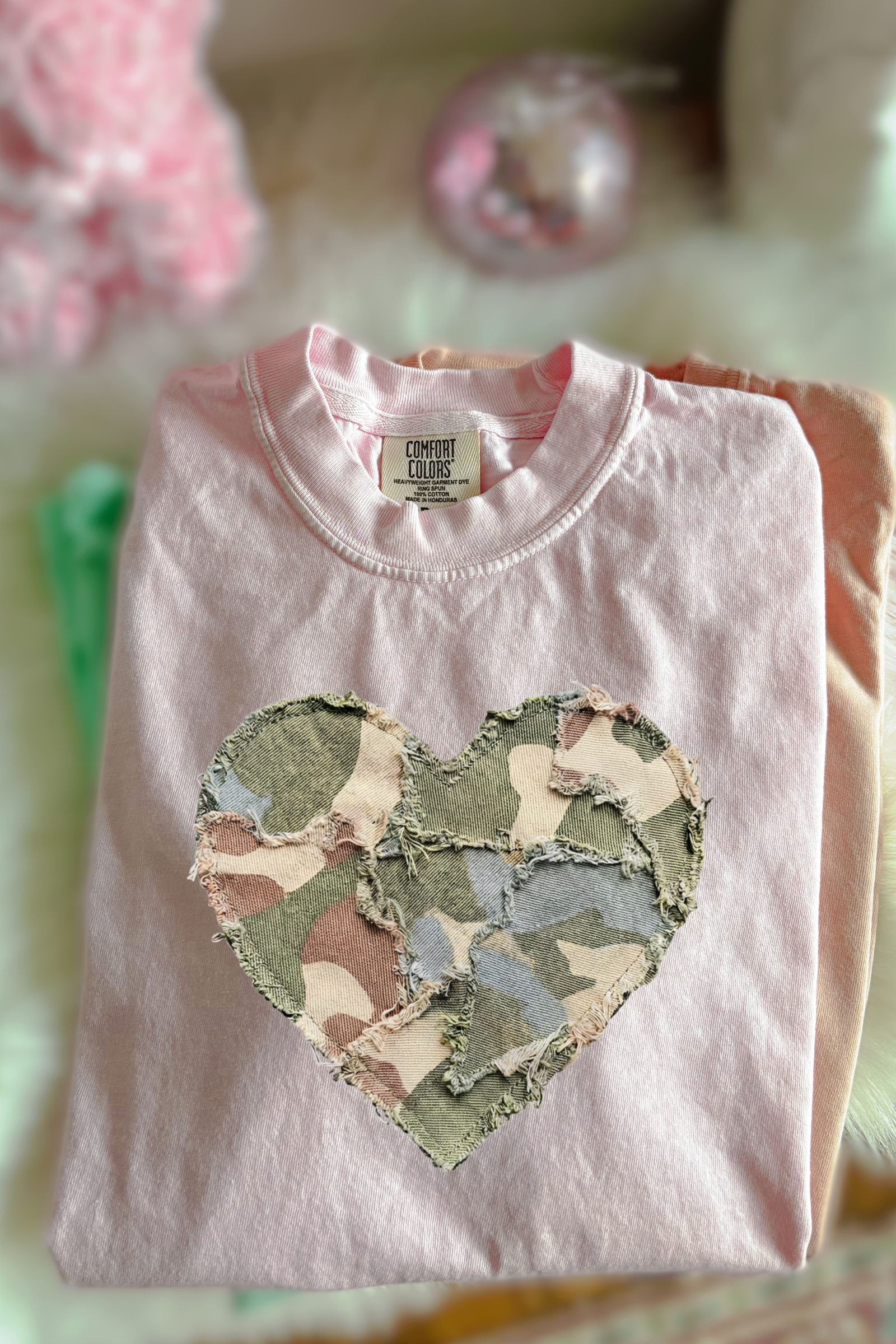 Faux Quilted Camo Heart Tee: Blossom