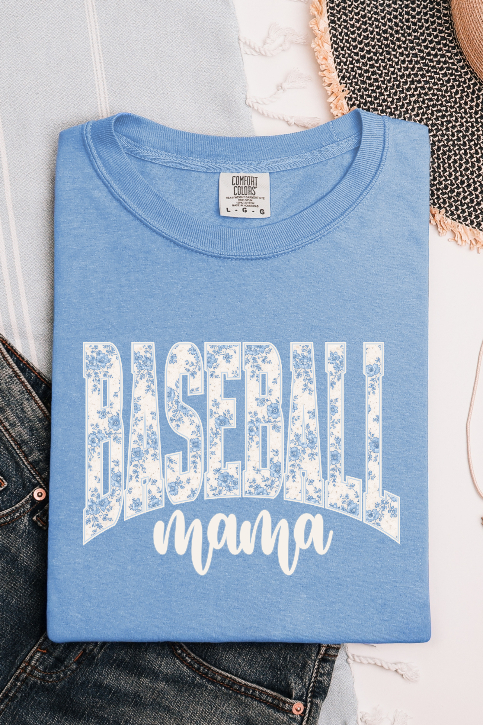 Floral Baseball Mama Tee: Washed Denim
