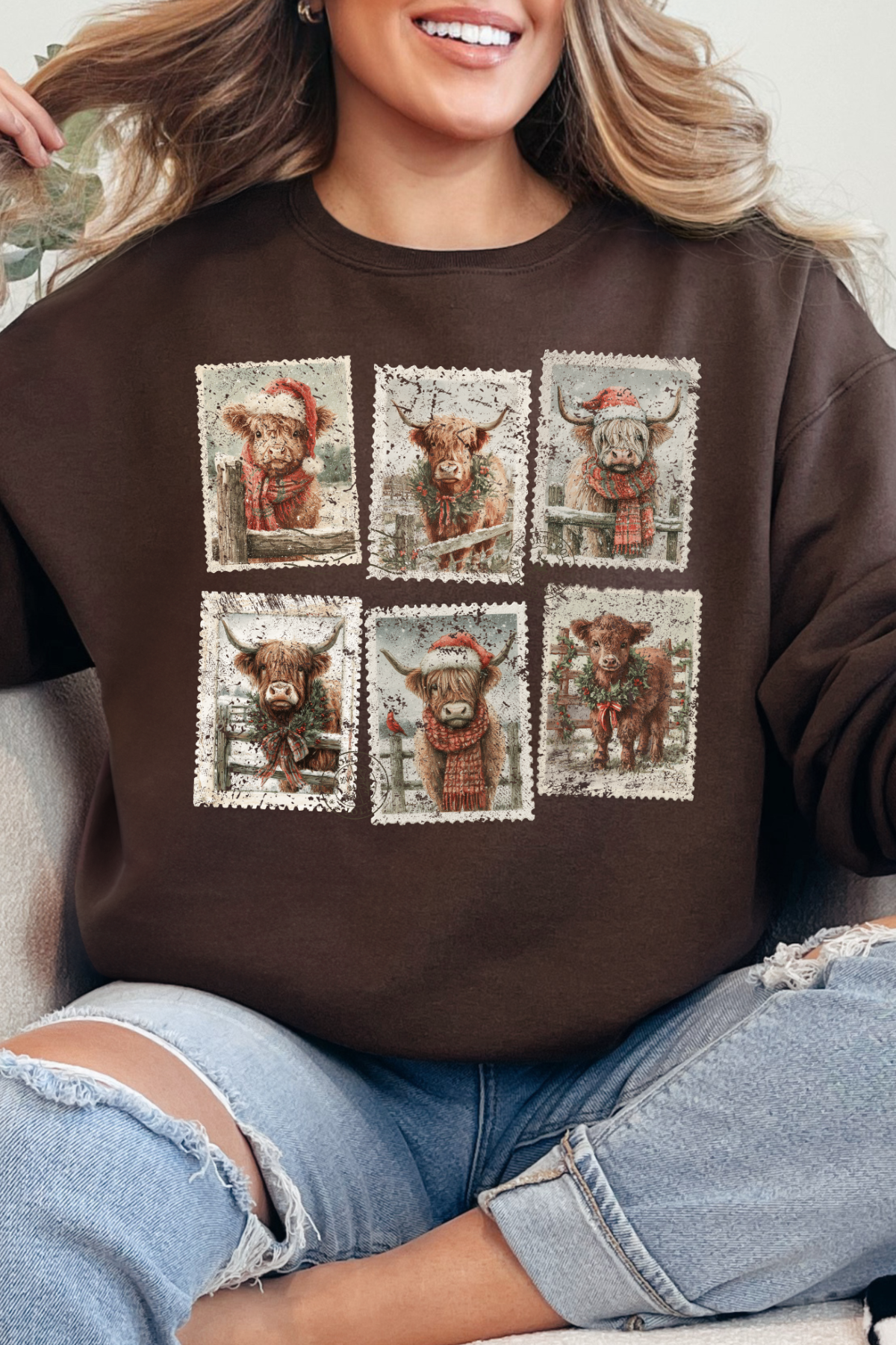 *Black Friday* Highland Cow Stamps Sweatshirt: Chocolate