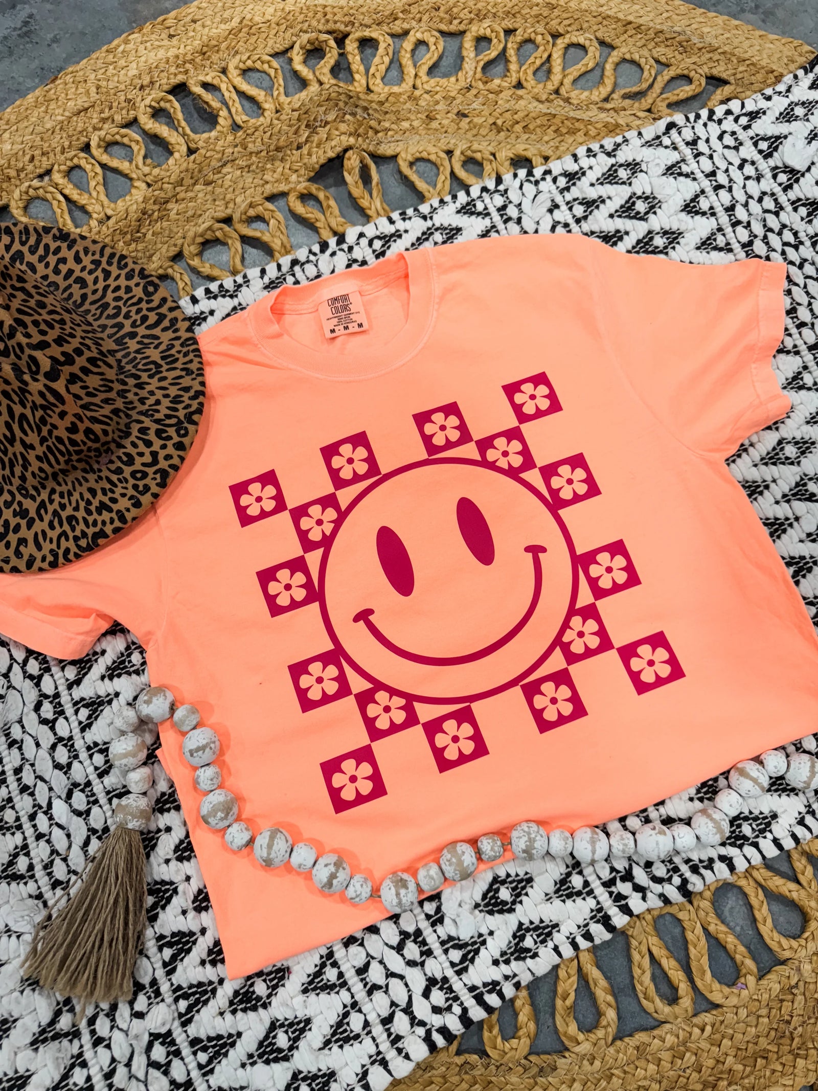 Checkered Smiley Tee: Neon Cantaloupe