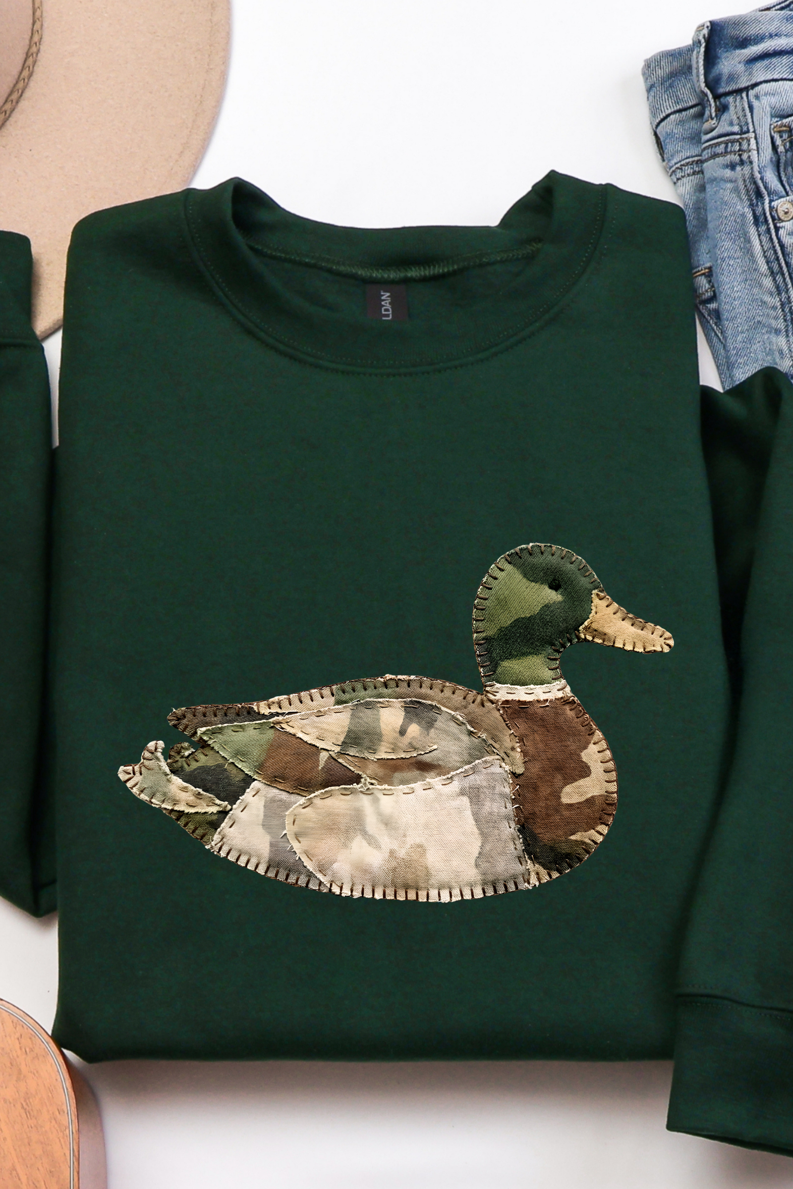 Faux Quilted Camo Duck Sweatshirt: Forest Green