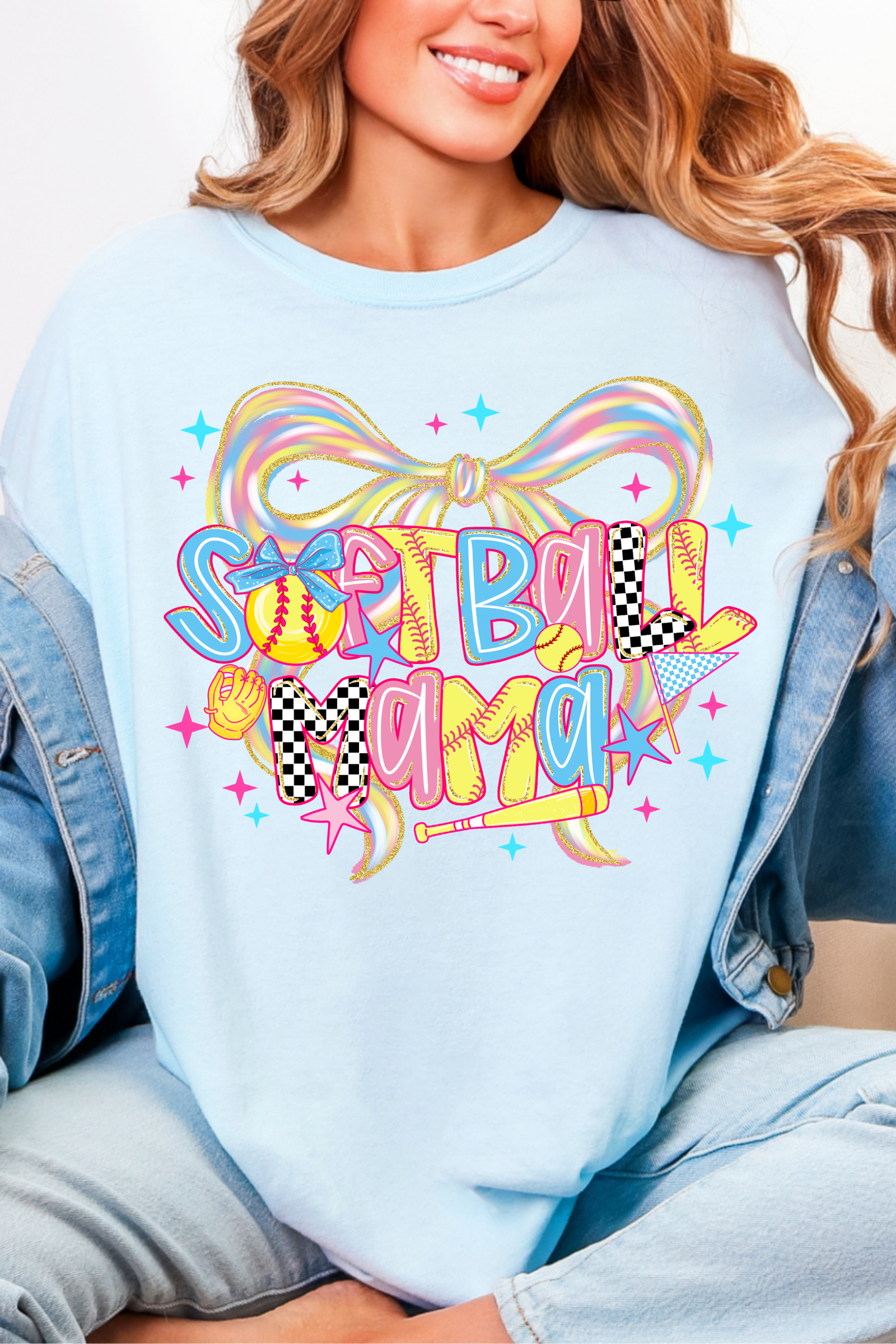 Softball Mama Bow Tee: Chambray