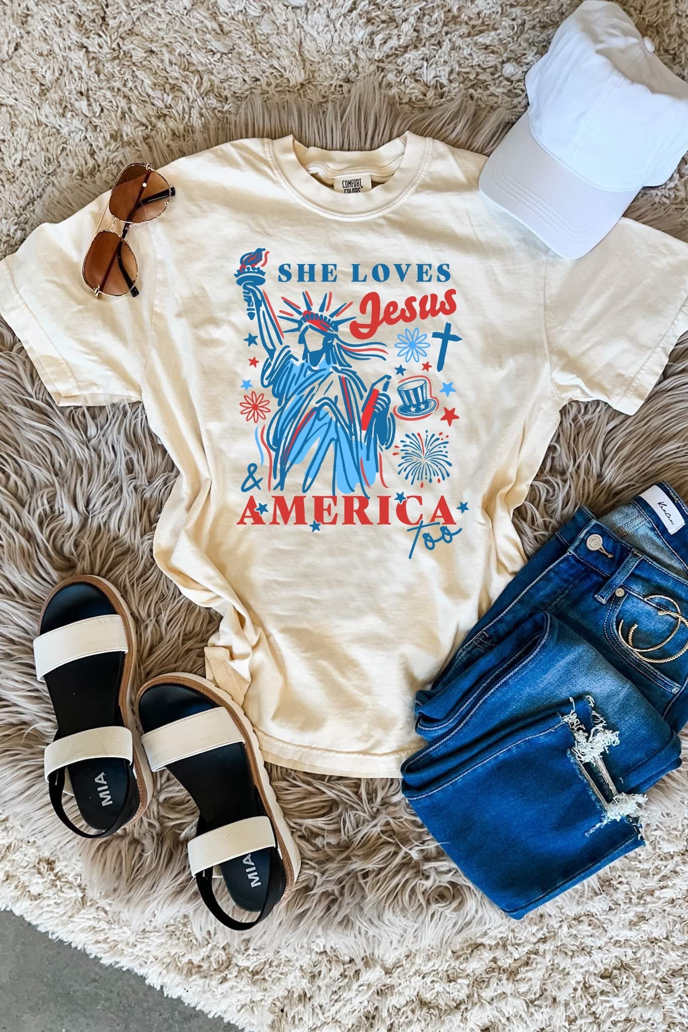 She Loves Jesus & America Too Tee: Ivory