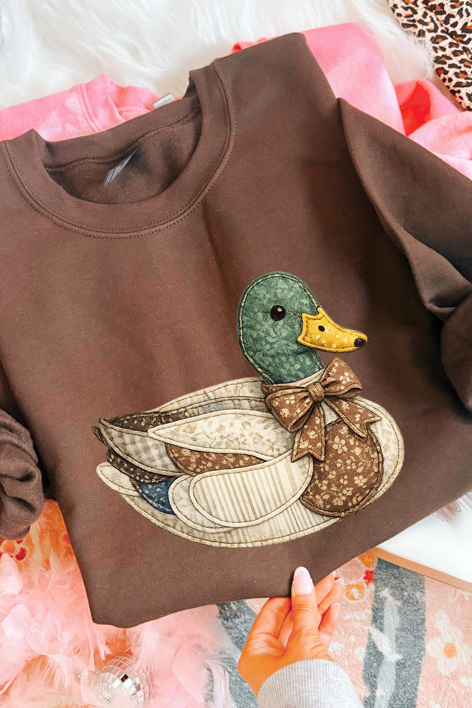 Faux Quilted Bow Duck Sweatshirt: Chocolate