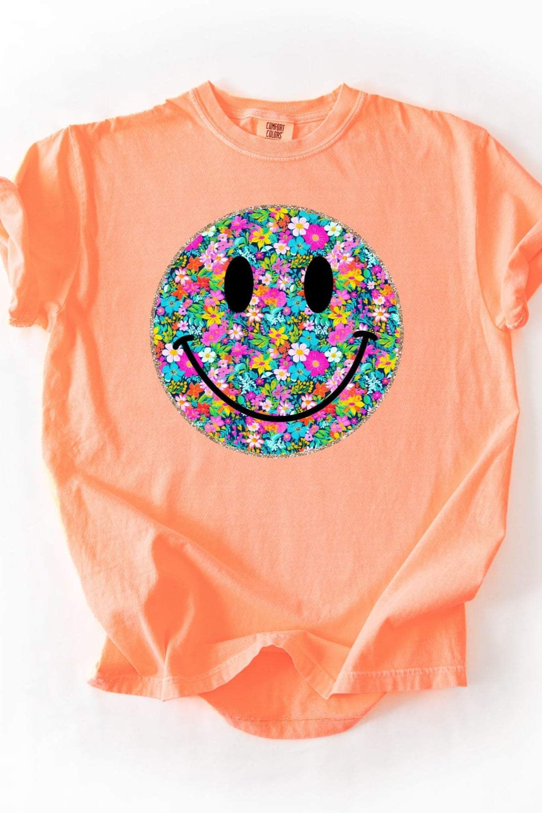 Floral and Glitter Smiley Tee: Neon Cantaloupe