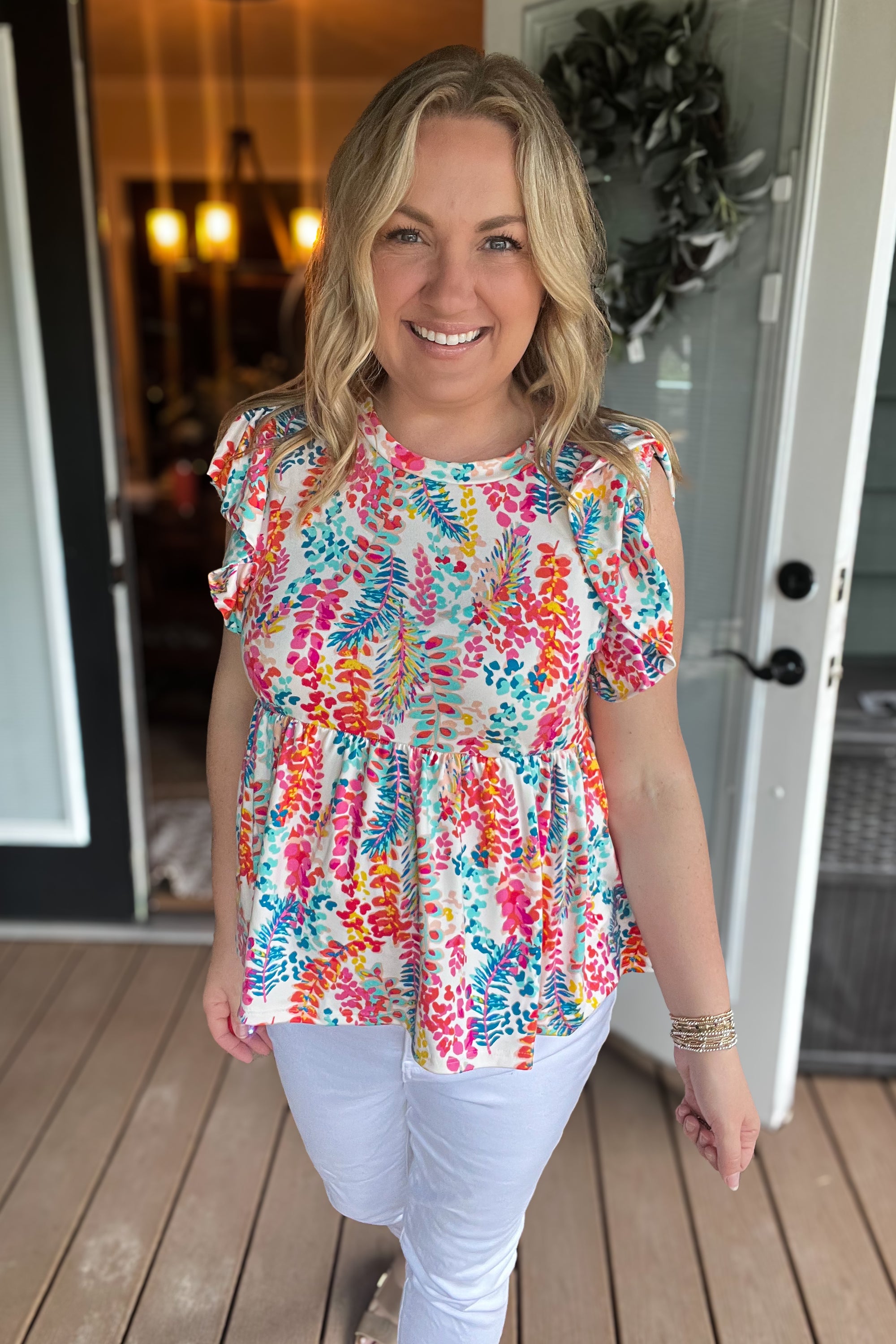 Perfect Find Ivory Floral Leaf Print Short Sleeve Babydoll Top