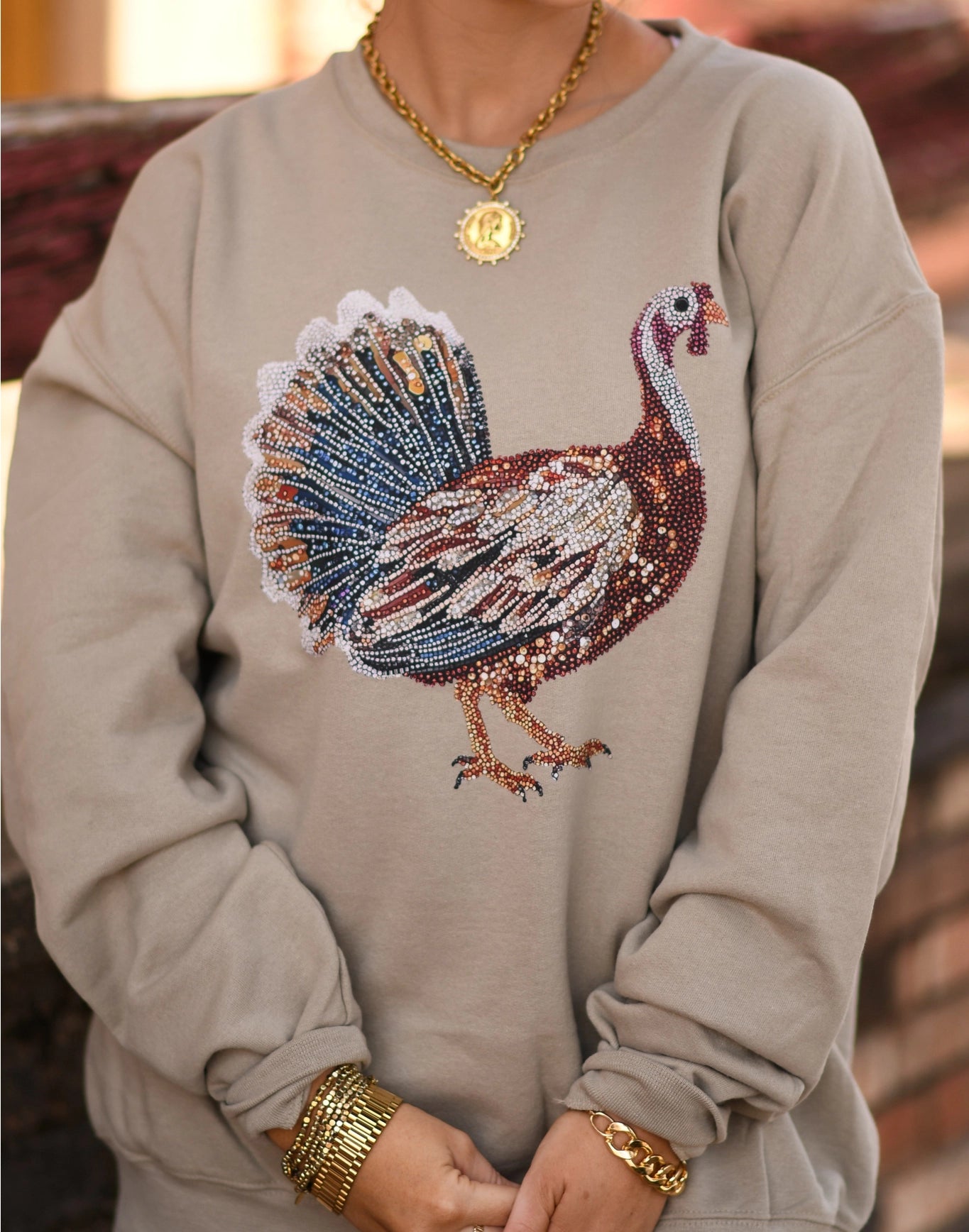 Turkey Faux Rhinestone Sweatshirt: Sandstone