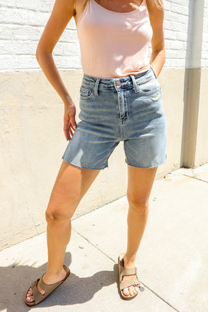 Judy Blue Jenny High Rise Side Slit Frayed Shorts: Medium Wash