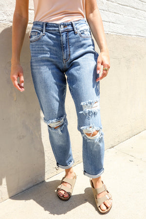 Judy Blue Lynda High-Rise Boyfriend Cuffed Hem Distressed Jeans: Medium Wash