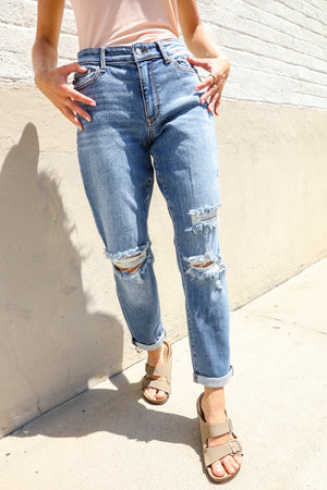 Judy Blue Lynda High-Rise Boyfriend Cuffed Hem Distressed Jeans: Medium Wash