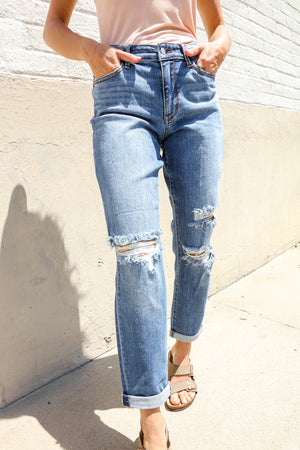Judy Blue Lynda High-Rise Boyfriend Cuffed Hem Distressed Jeans: Medium Wash