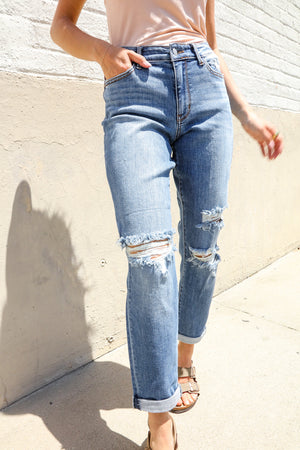 Judy Blue Lynda High-Rise Boyfriend Cuffed Hem Distressed Jeans: Medium Wash