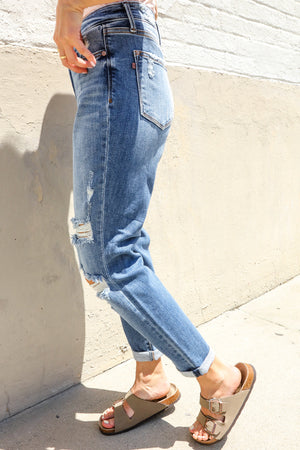 Judy Blue Lynda High-Rise Boyfriend Cuffed Hem Distressed Jeans: Medium Wash