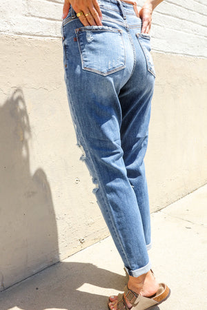 Judy Blue Lynda High-Rise Boyfriend Cuffed Hem Distressed Jeans: Medium Wash