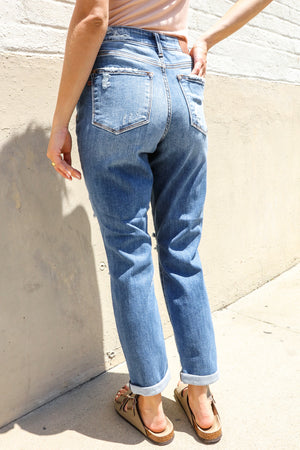 Judy Blue Lynda High-Rise Boyfriend Cuffed Hem Distressed Jeans: Medium Wash