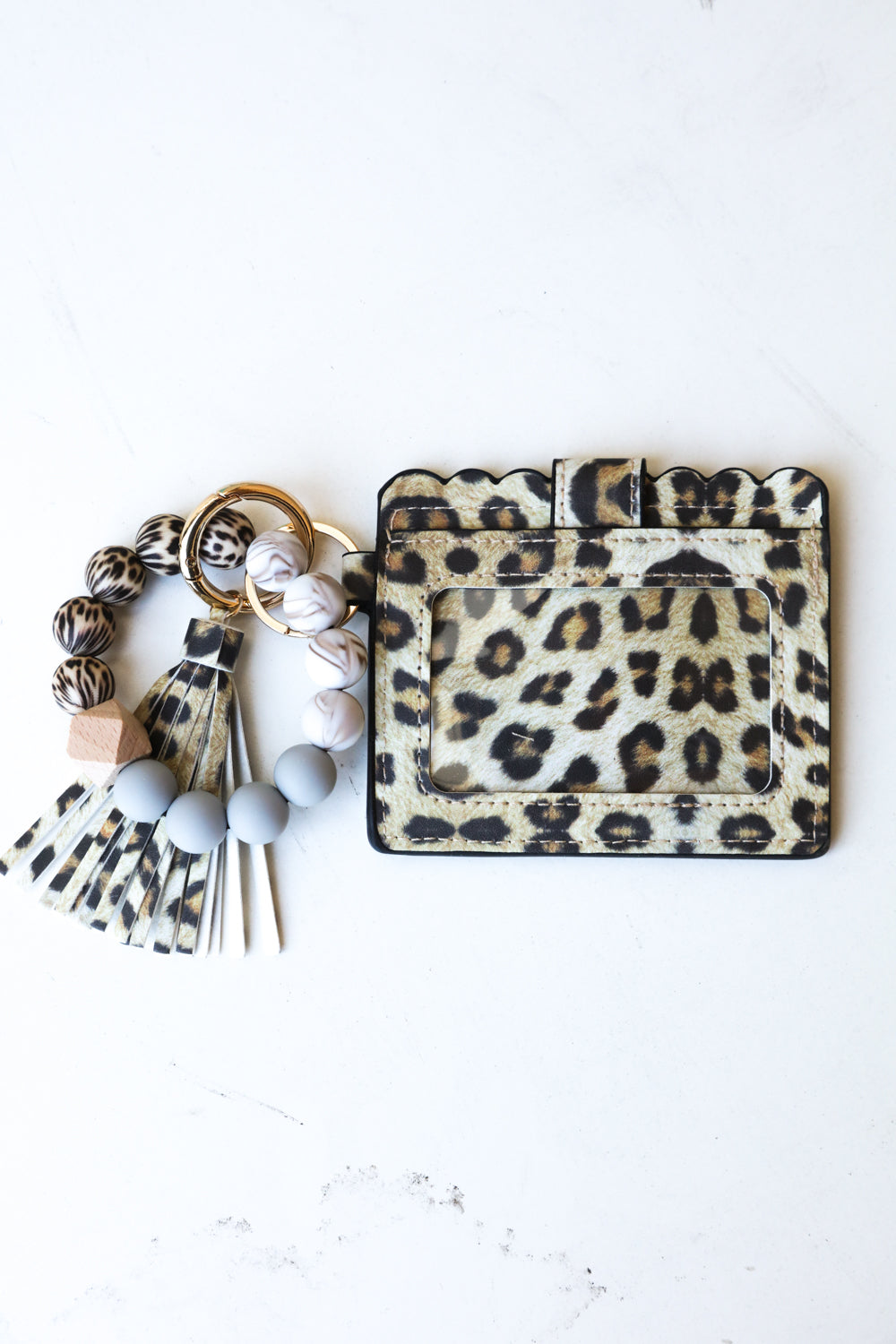 Animal Print Silicone Bead Slim Wallet Wristlet with Tassel