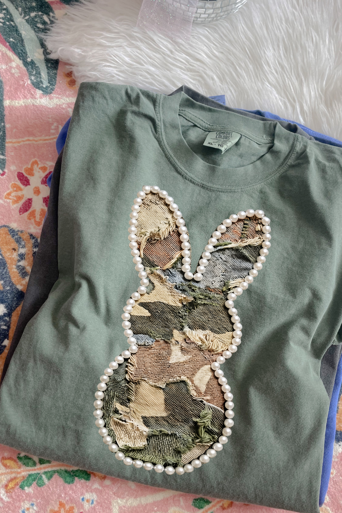 Faux Quilted Pearl Trim Camo Bunny Tee: Moss