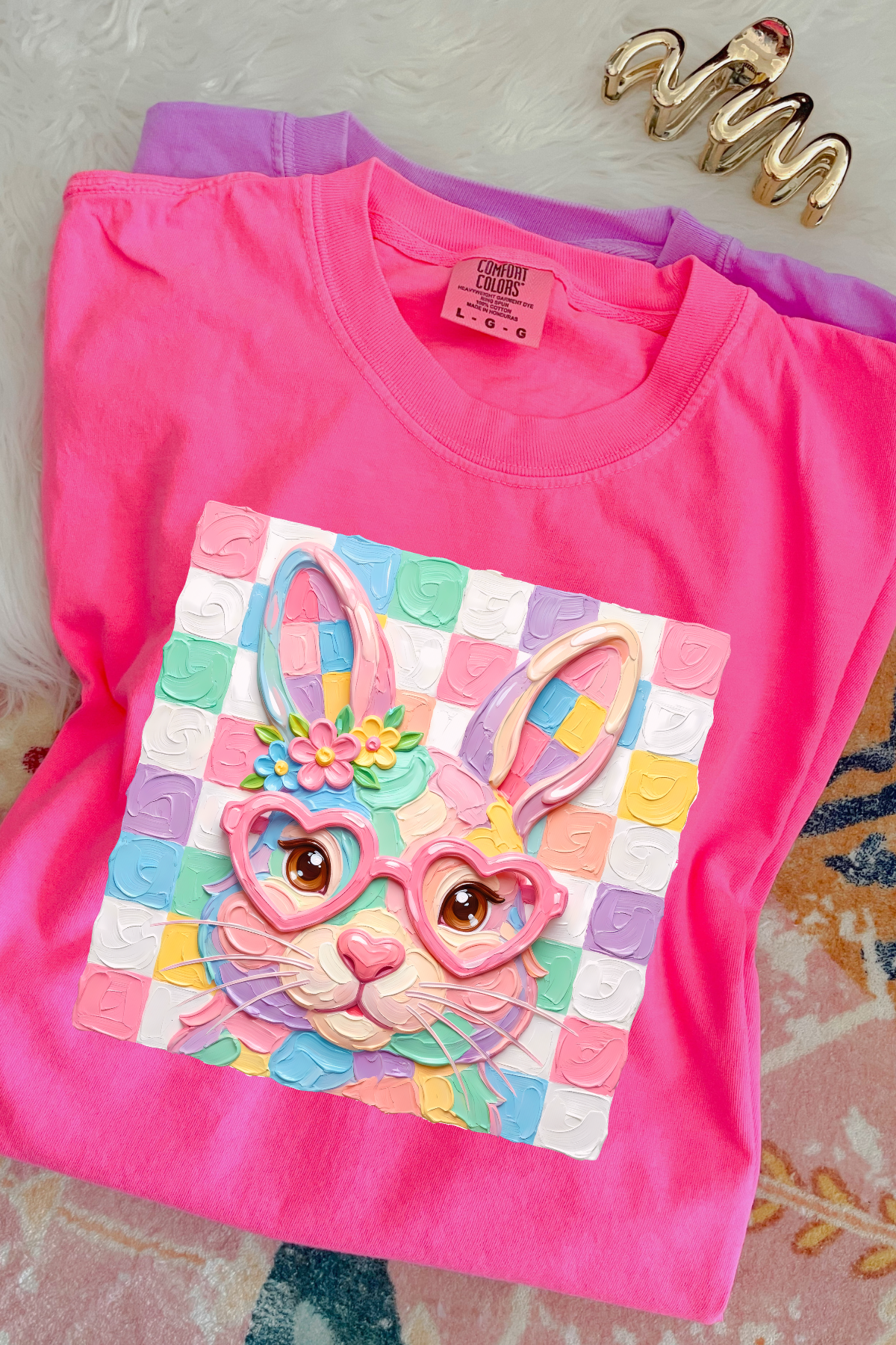 Faux Painted Checkered Bunny: Neon Pink
