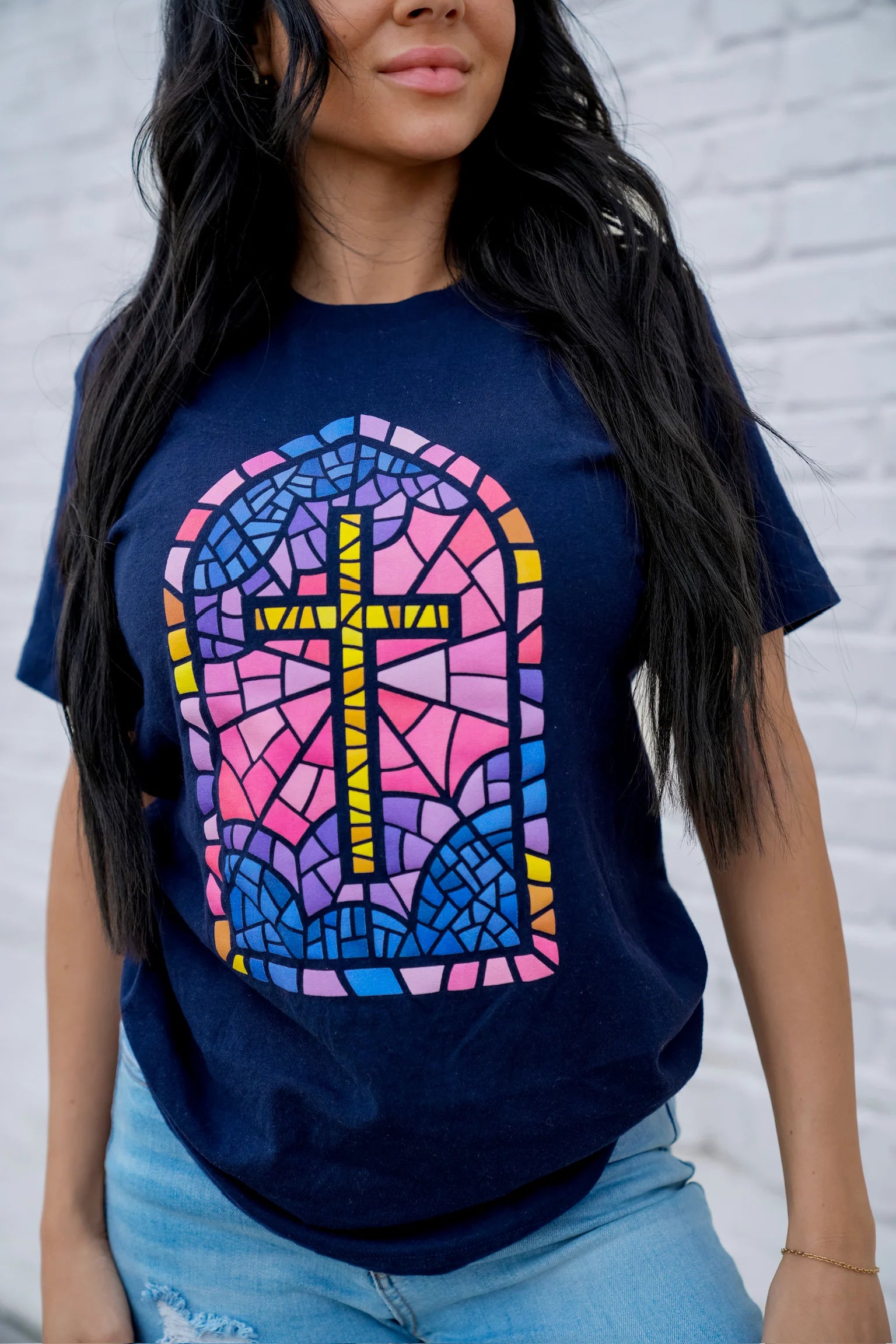Stained Glass Cross Tee: Navy