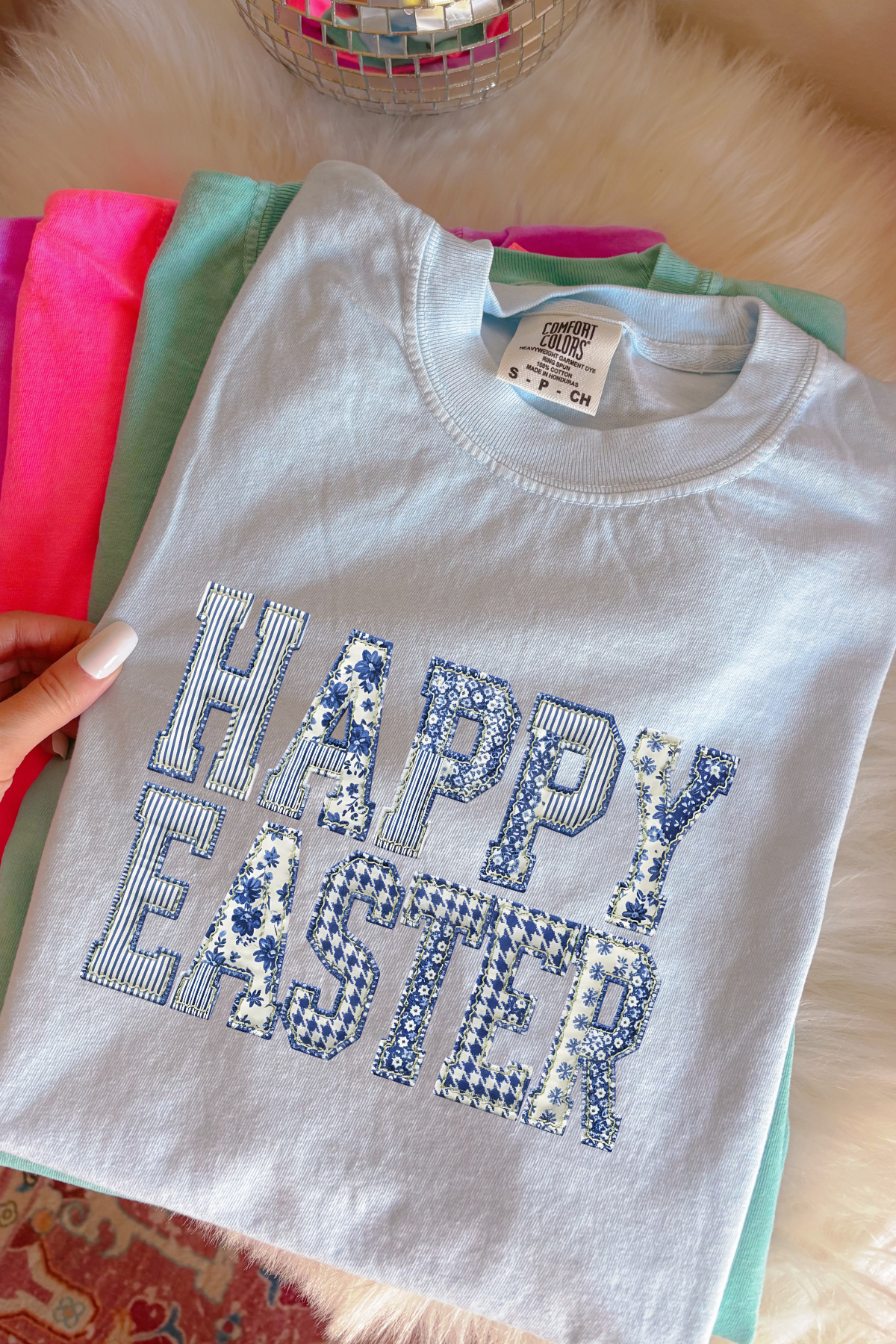 Faux Patchwork Happy Easter Tee: Chambray