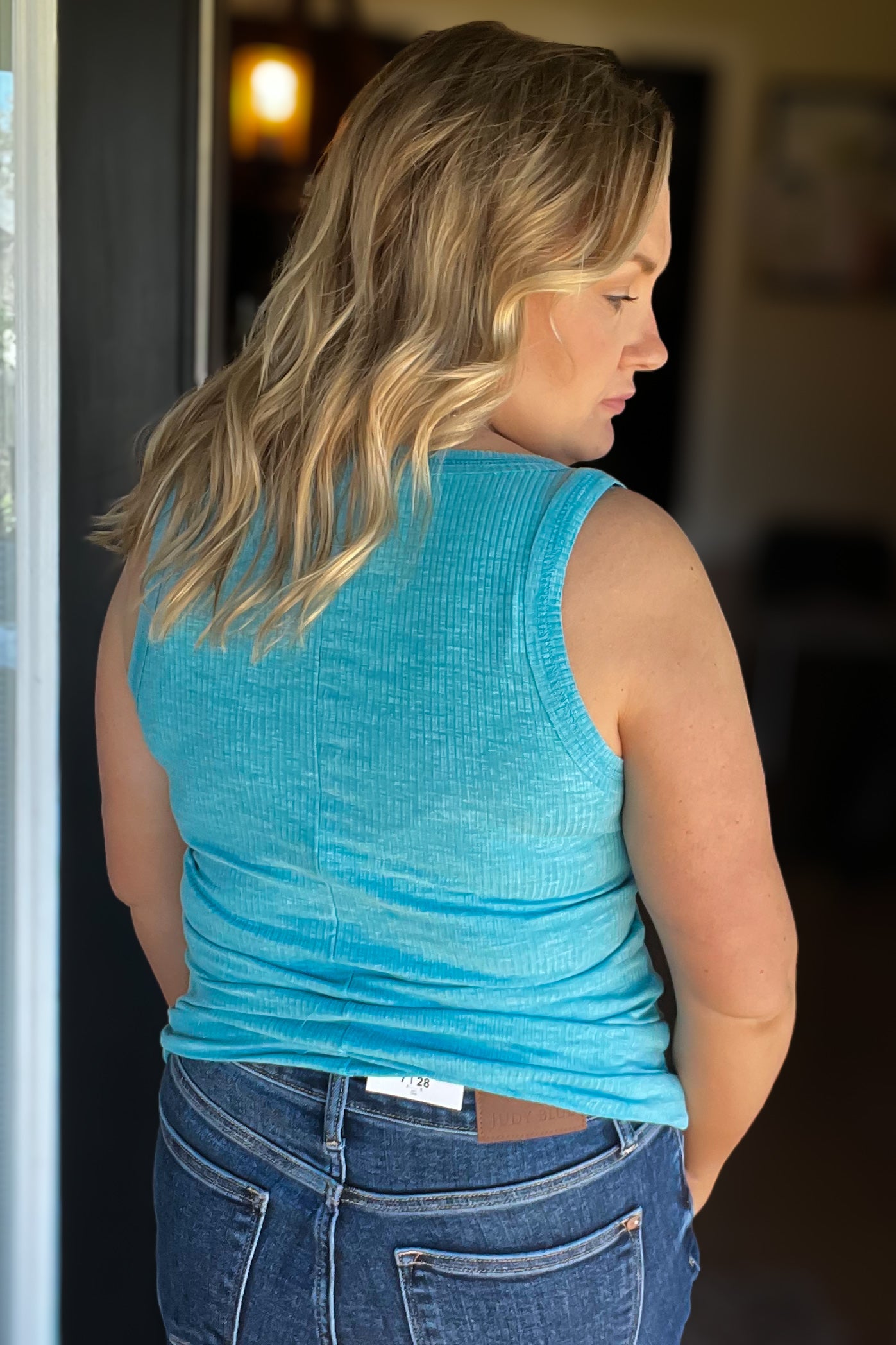 Summer Days Ice Blue Melange Ribbed Henley Button Down Tank