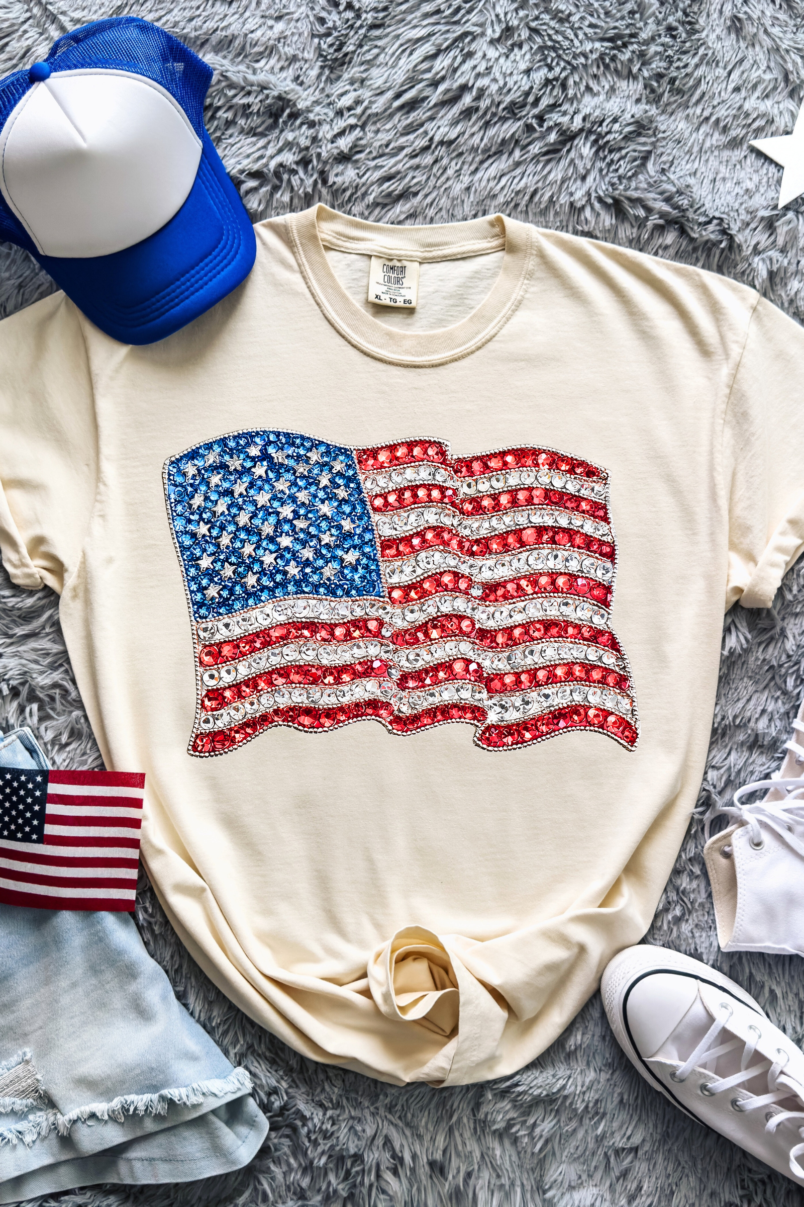 Faux Rhinestone American Flag Tee: Ivory