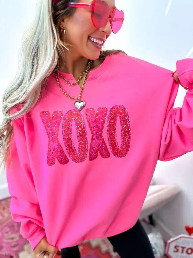XOXO Crewneck Sweatshirt: Neon Pink