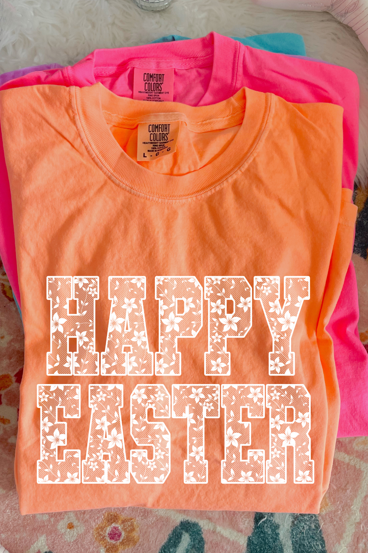 Faux Lace Happy Easter Tee: Neon Cantaloupe