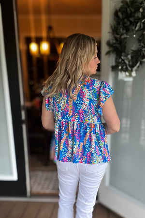 Perfect Find Blue Floral Leaf Print Short Sleeve Babydoll Top