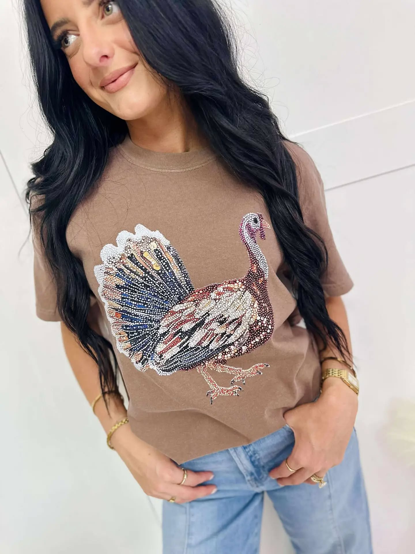 Turkey Faux Rhinestone Tee: Espresso