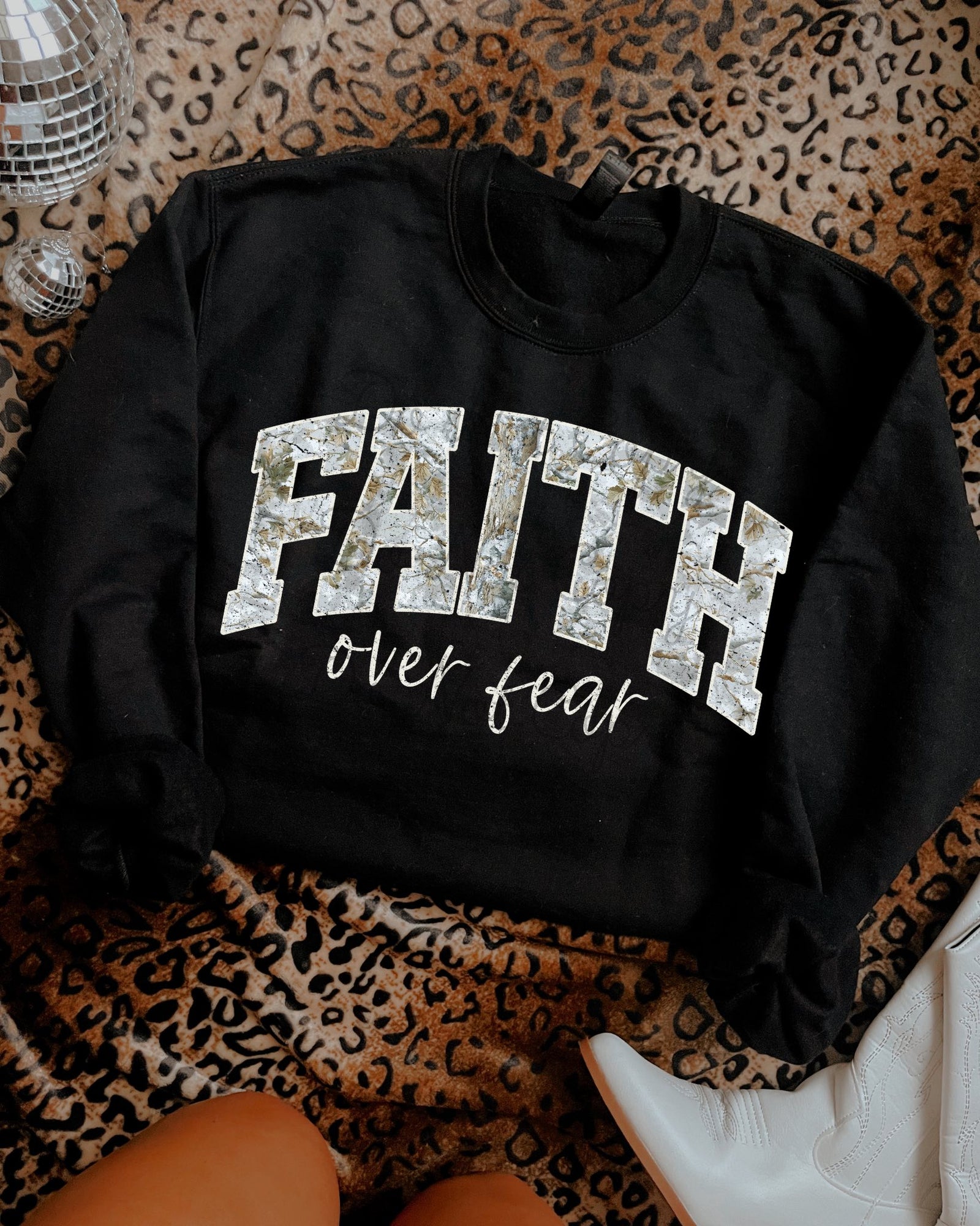 Faith Over Fear Camo Crewneck Sweatshirt: Black