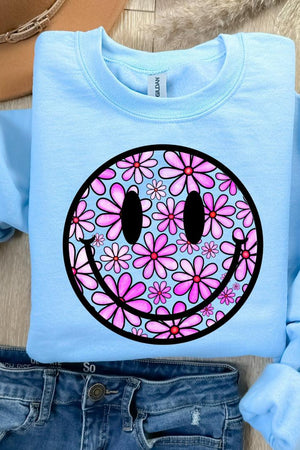 Floral Smileys Sweatshirt: Light Blue