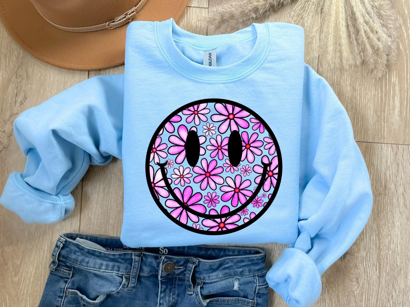 Floral Smileys Sweatshirt: Light Blue