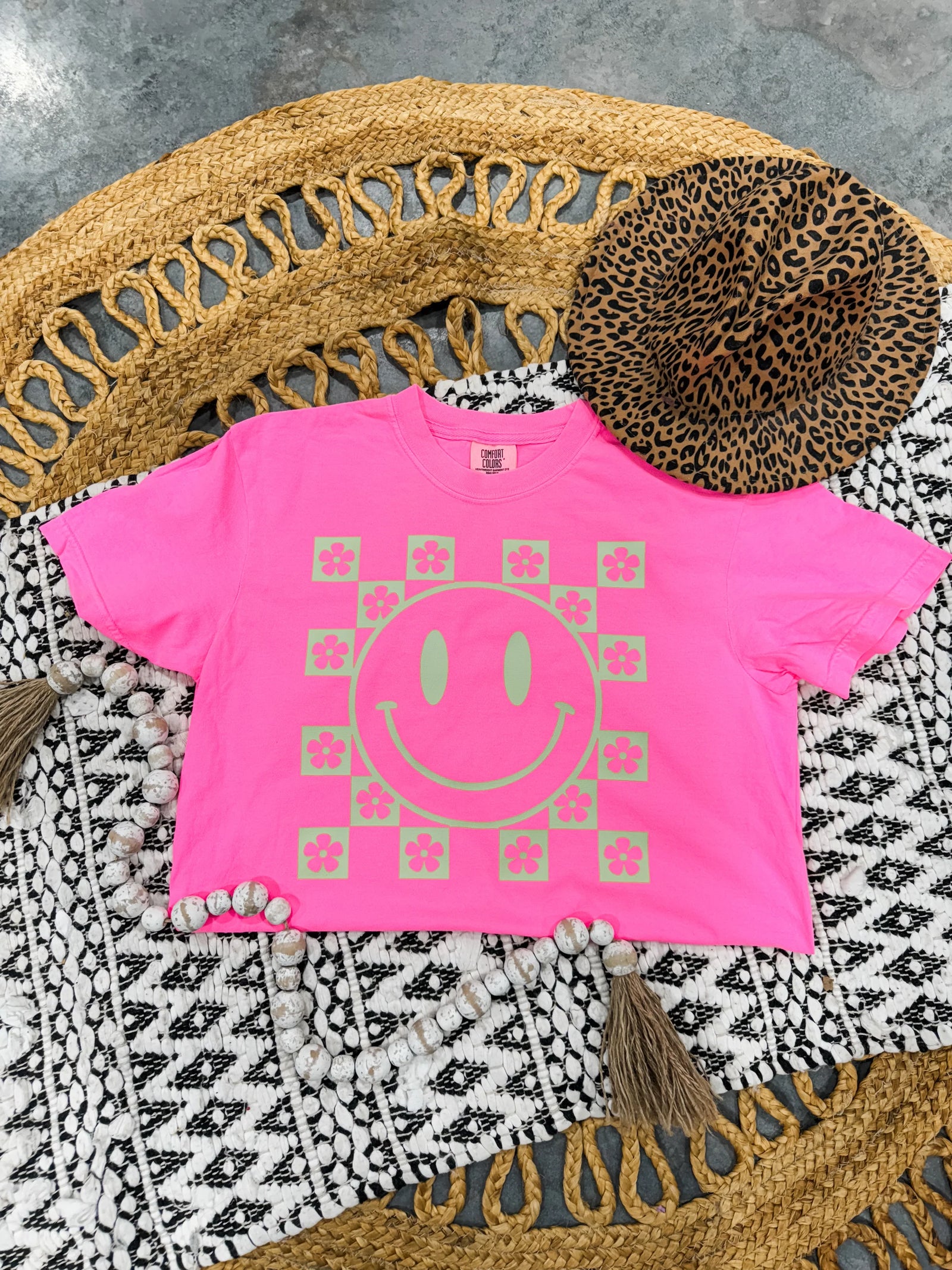 Checkered Smiley Tee: Neon Pink