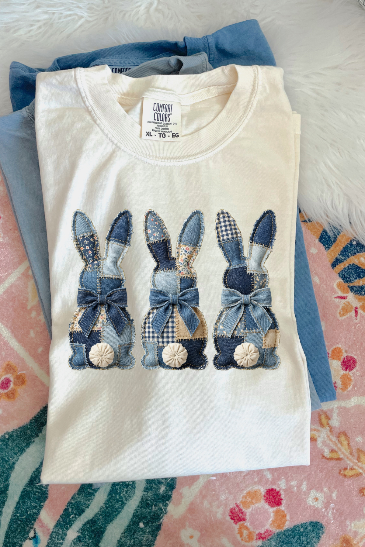 Faux Patchwork Denim Bunny: Ivory