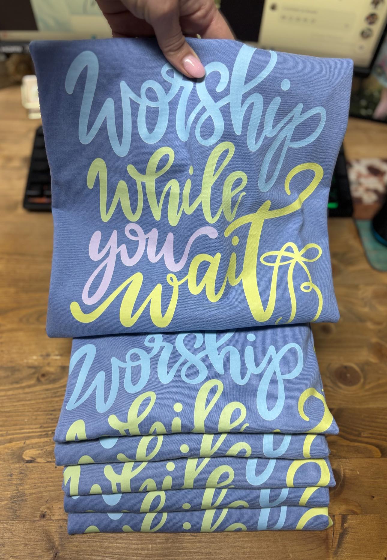 Worship While You Wait Tee: Washed Denim