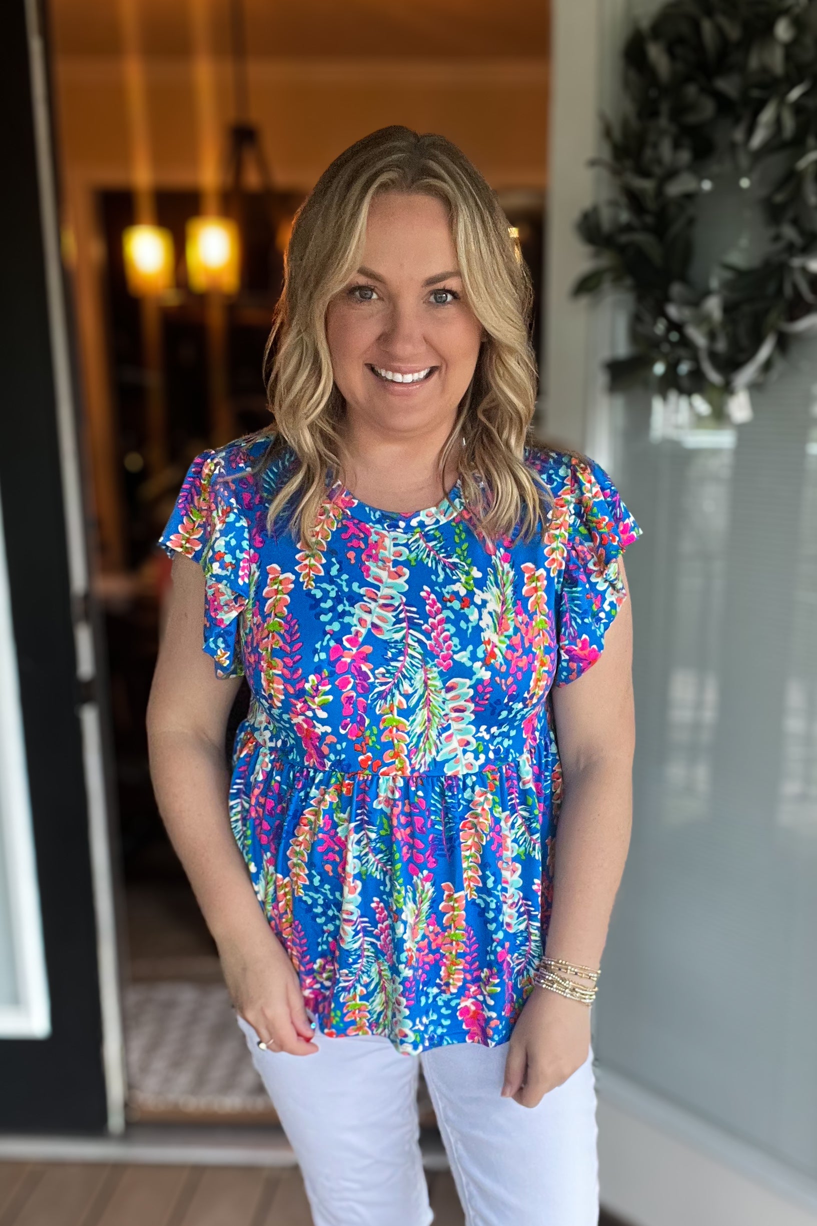 Perfect Find Blue Floral Leaf Print Short Sleeve Babydoll Top