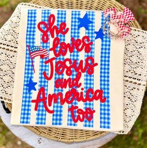 She Loves Jesus & America Too Gingham Tee: Ivory