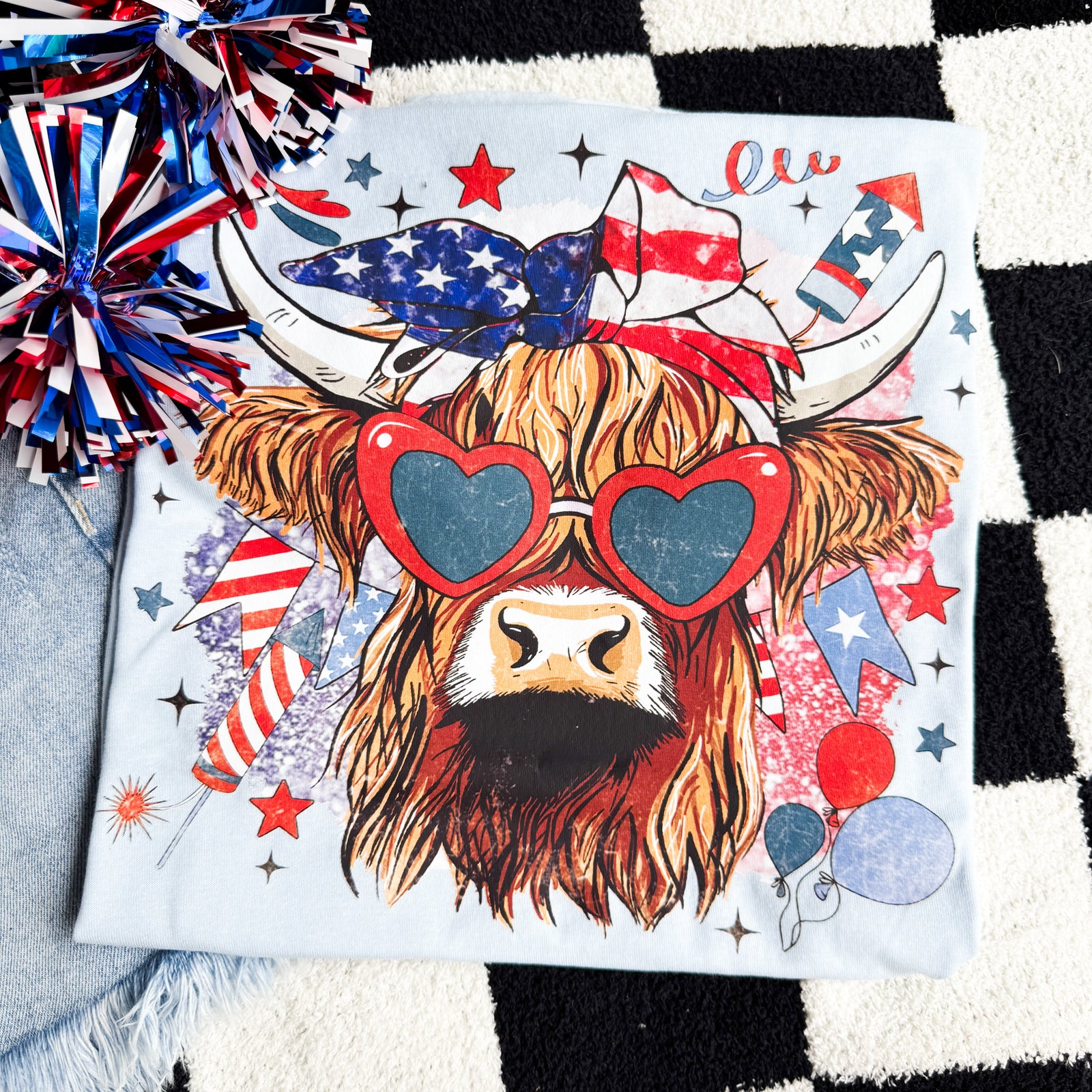 USA Highland Cow Graphic Tee: Baby Blue