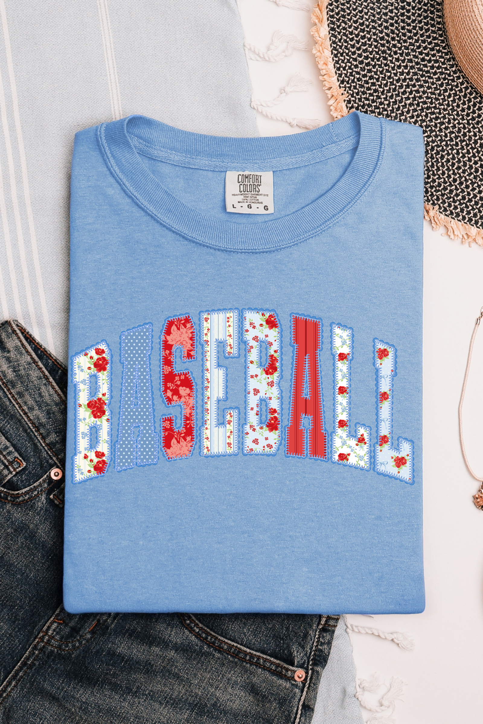 Baseball Faux Patchwork Tee: Washed Denim