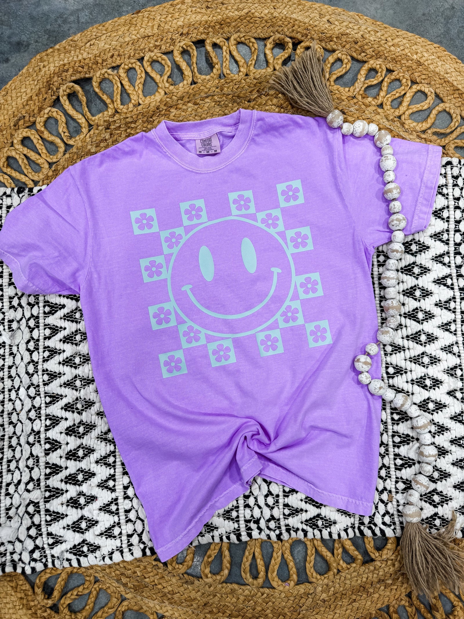 Checkered Smiley Tee: Neon Violet