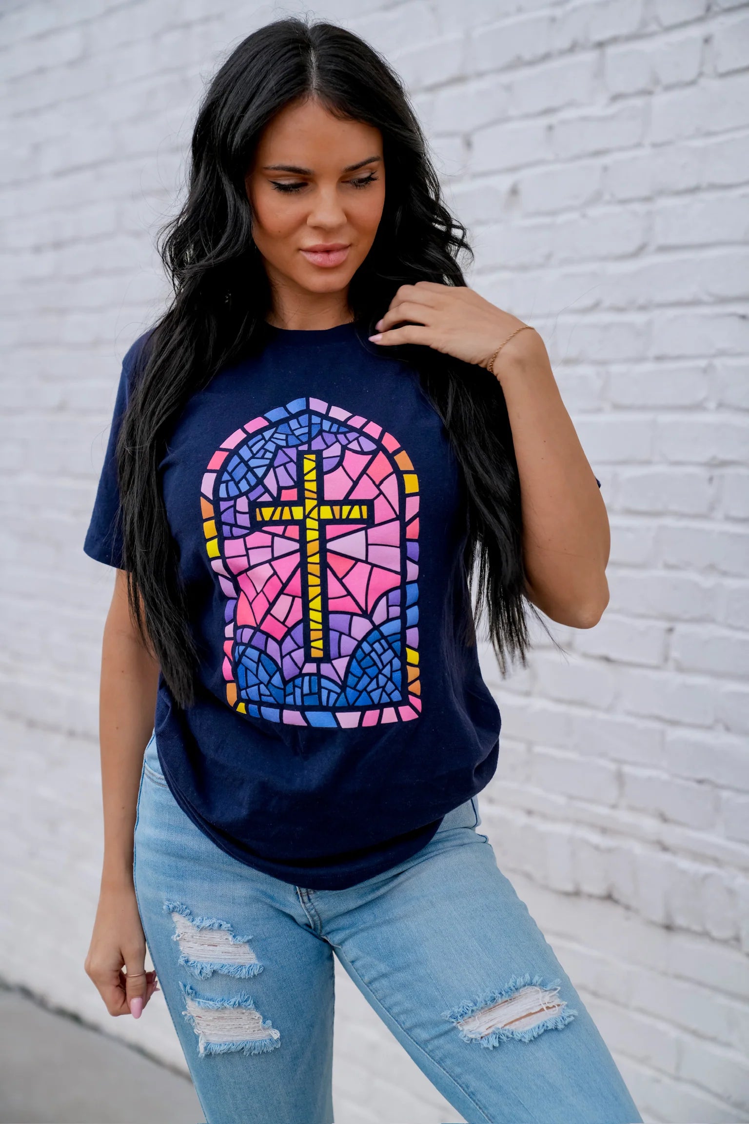 Stained Glass Cross Tee: Navy