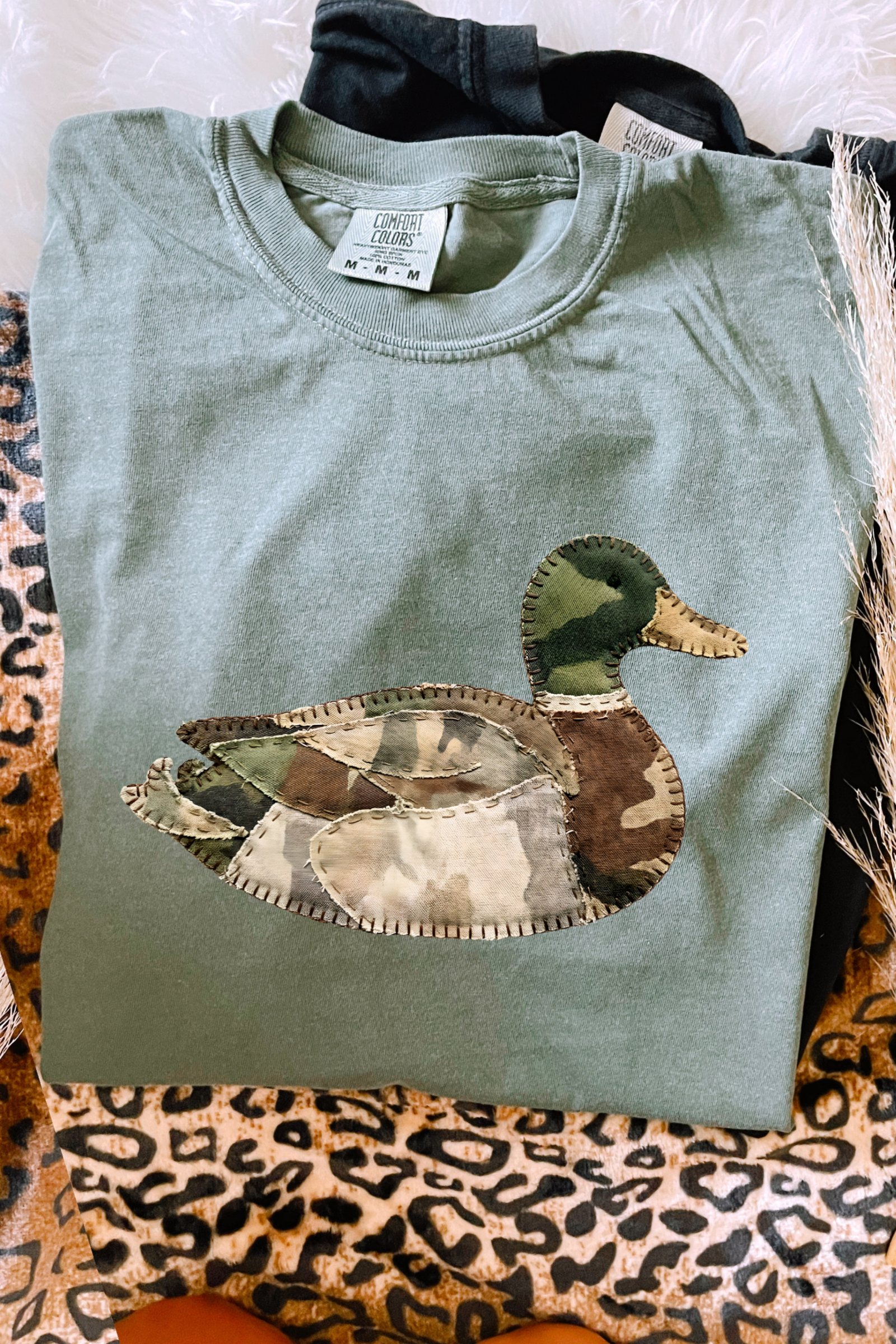 Faux Quilted Camo Duck Tee: Moss