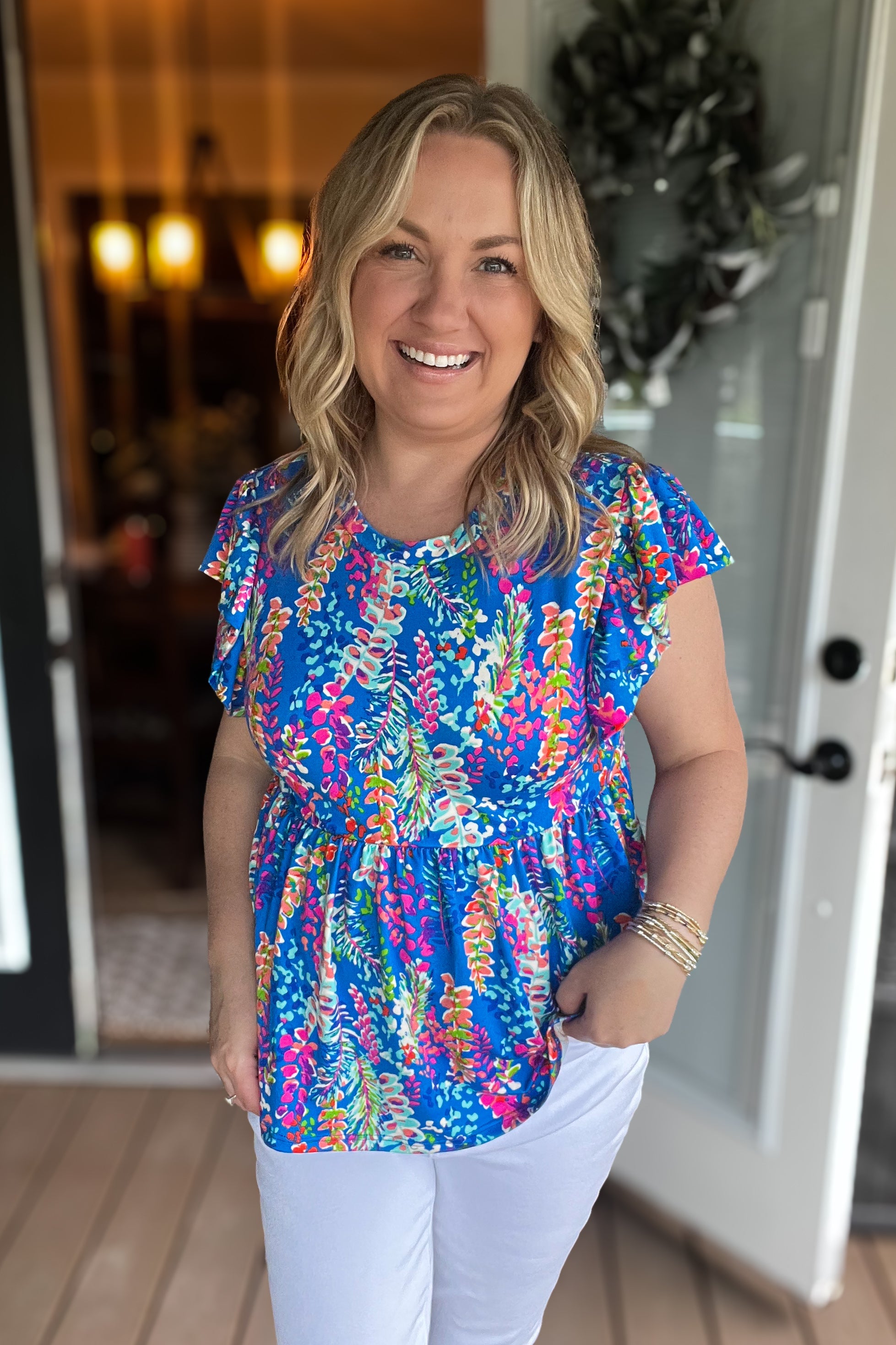 Perfect Find Blue Floral Leaf Print Short Sleeve Babydoll Top