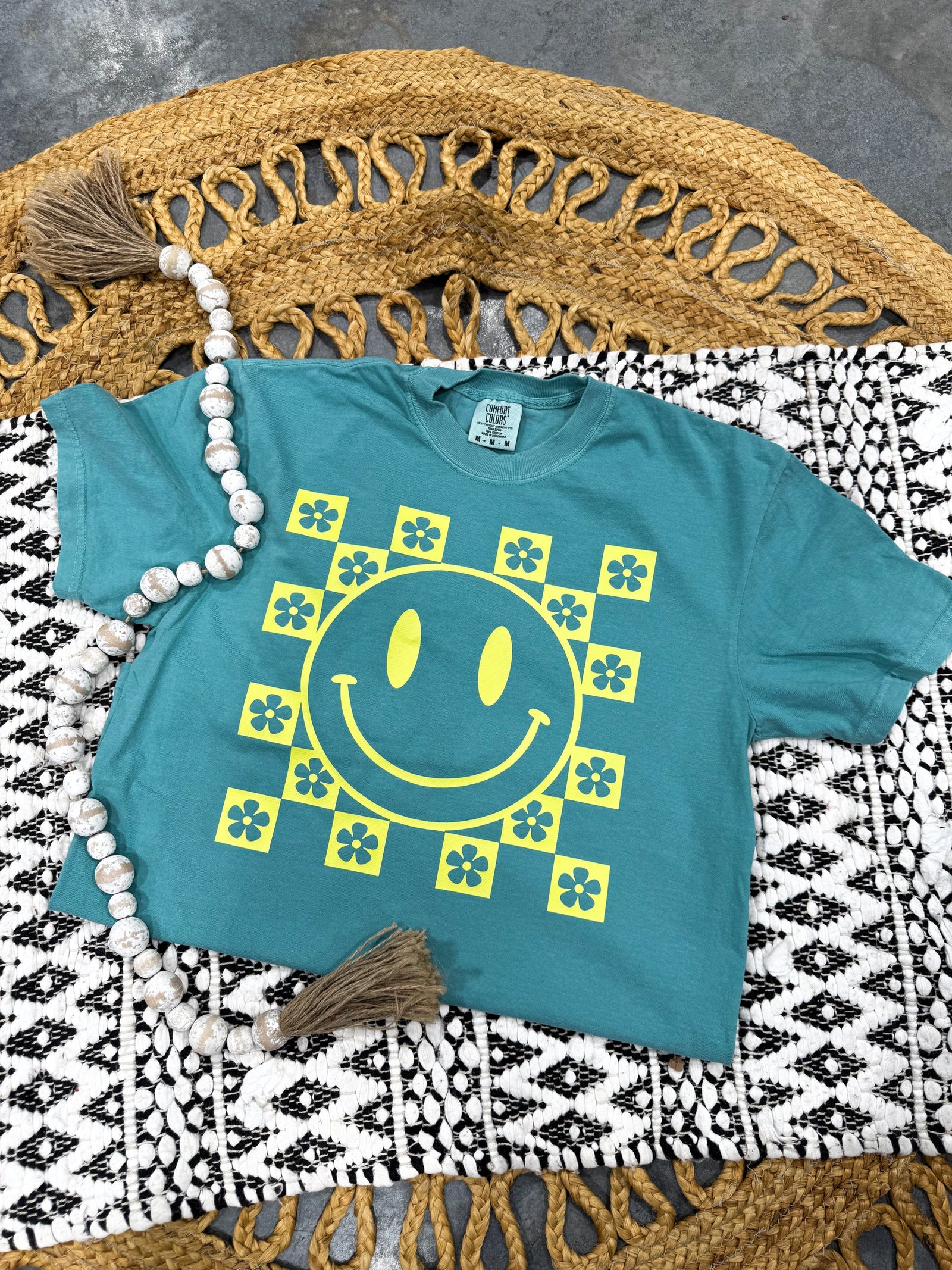 Checkered Smiley Tee: Seafoam