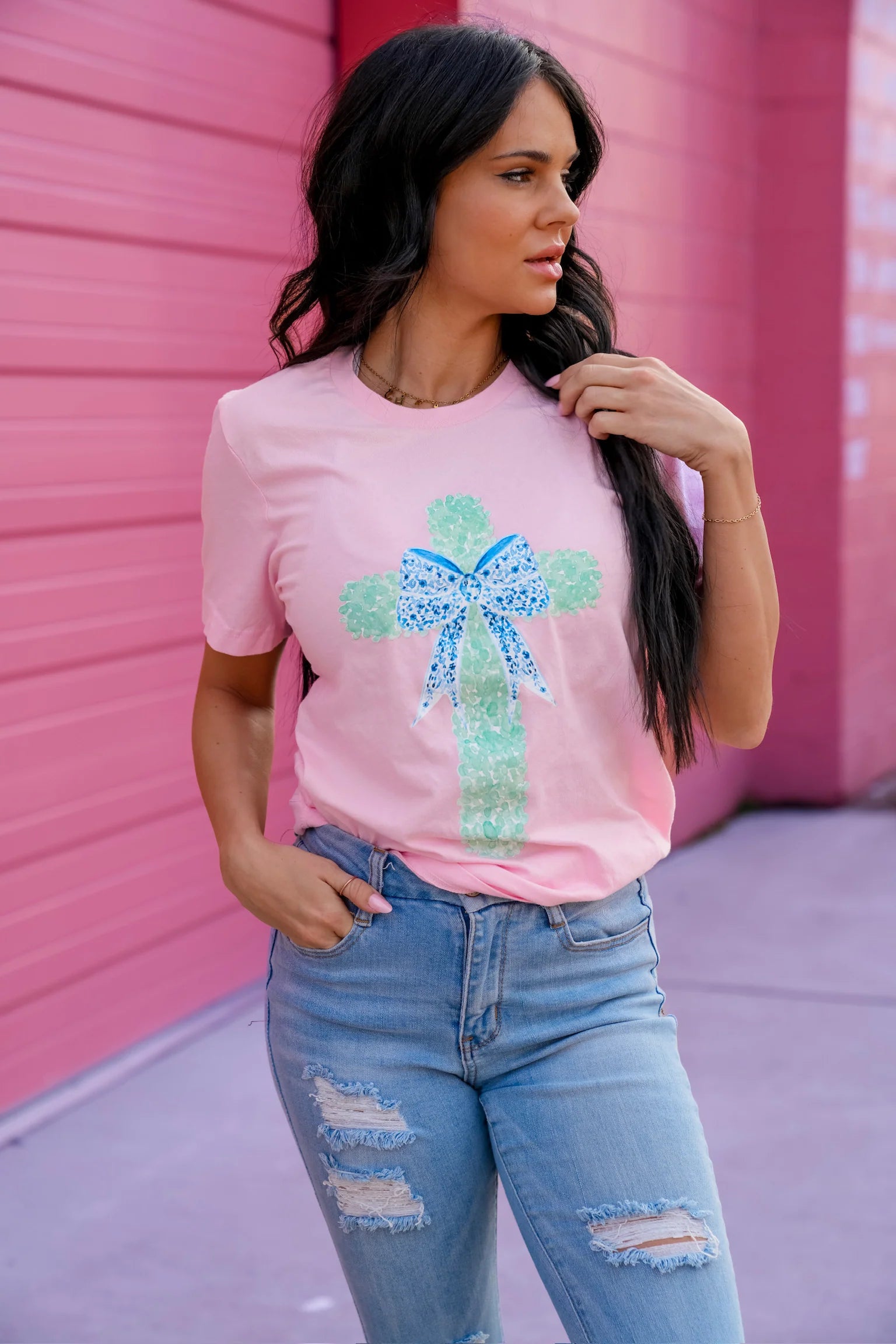 Watercolor Cross Tee: Light Pink