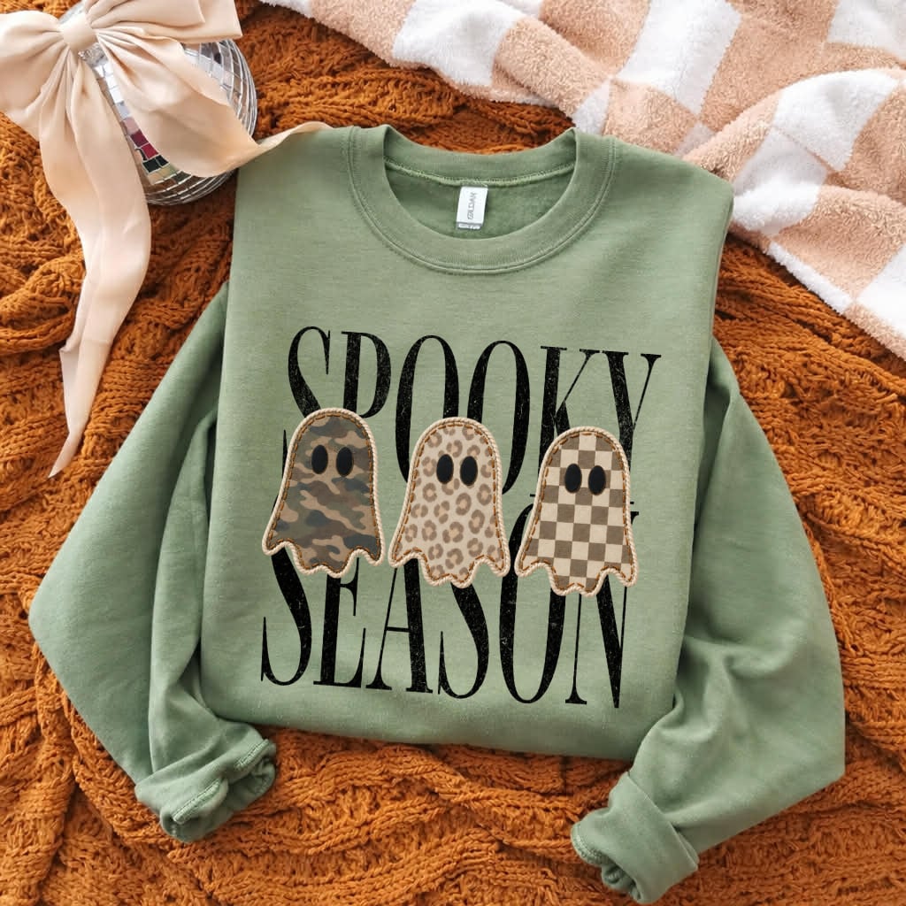 Spooky Season Triple Ghost Crew Neck Sweatshirt: Military Green