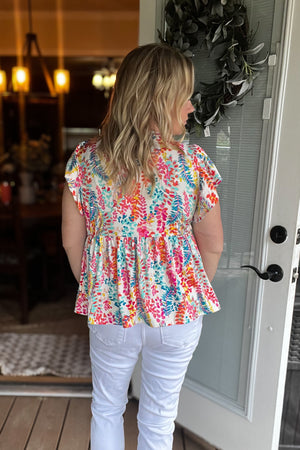Perfect Find Ivory Floral Leaf Print Short Sleeve Babydoll Top